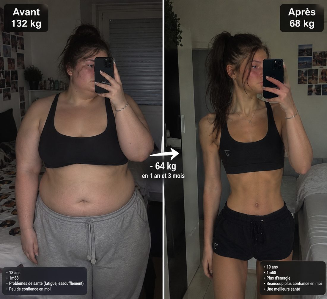Photos avant et après d’une membre : 132 kg puis 68 kg